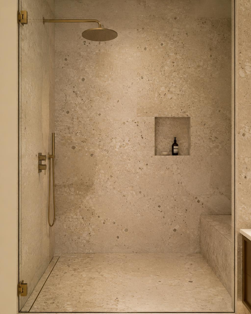 Walk-in terrazzo shower with brass fittings