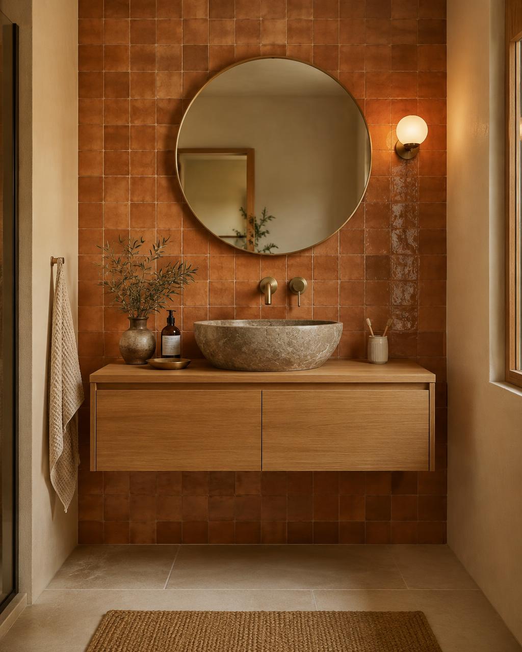Oak vanity with stone basin and terracotta tiles